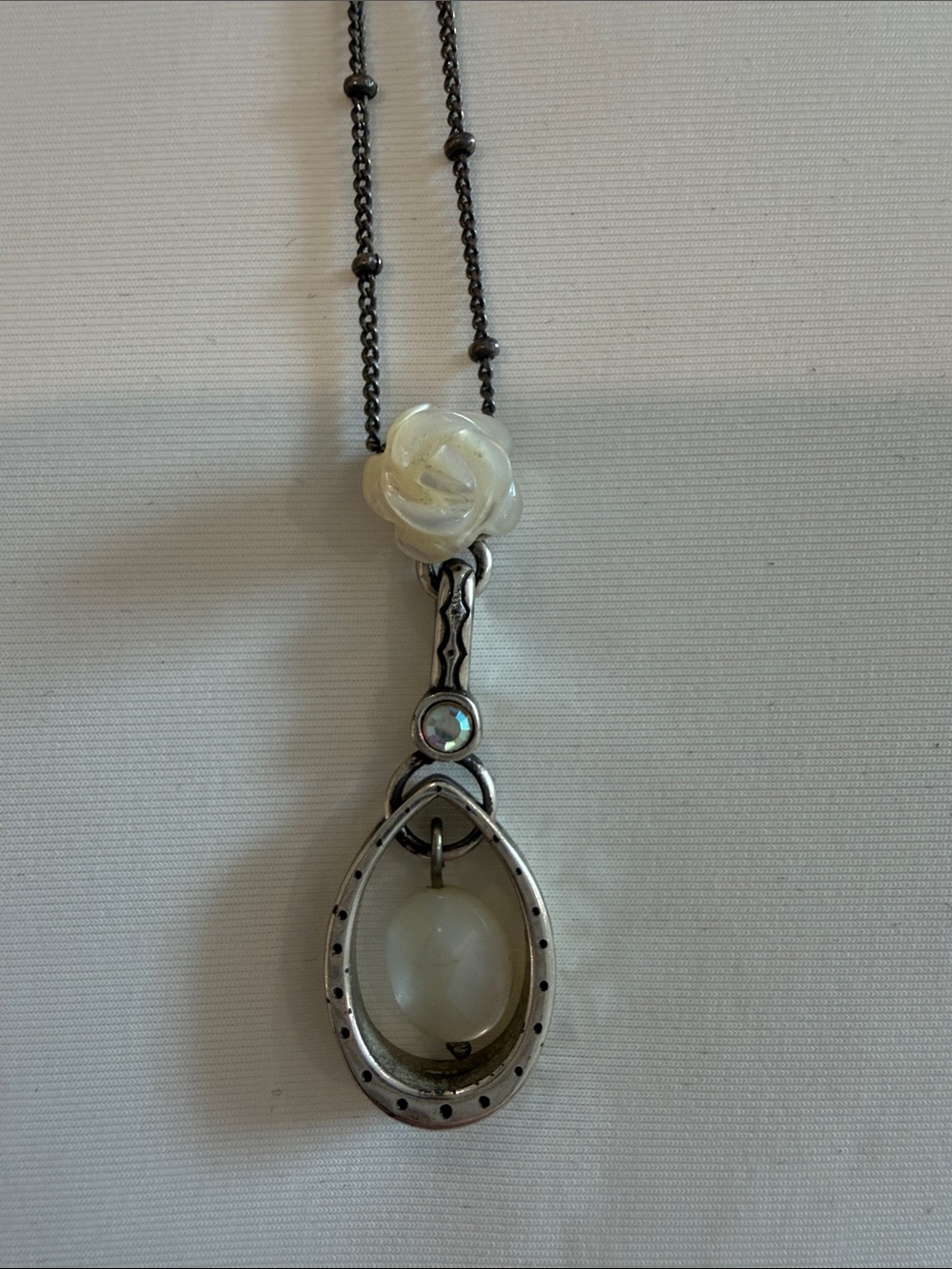 Brighton Silver-Tone Rose Pendant Necklace with White Iridescent Stones